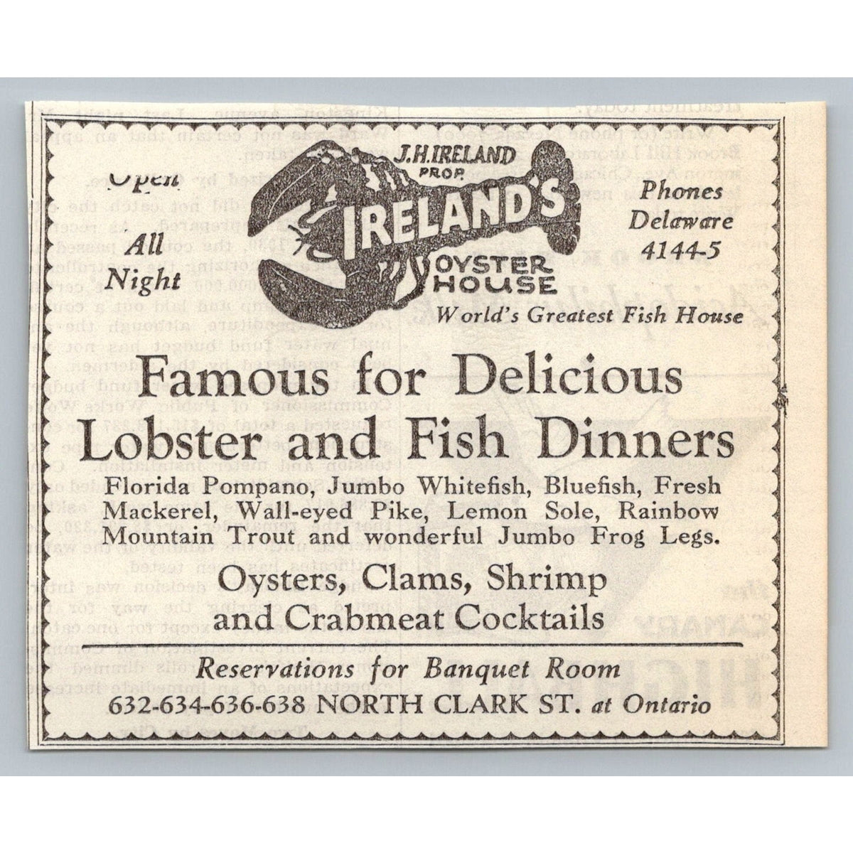 Ireland's Oyster House Chicago Ad 1930 Lobster Seafood Restaurant Ephemera