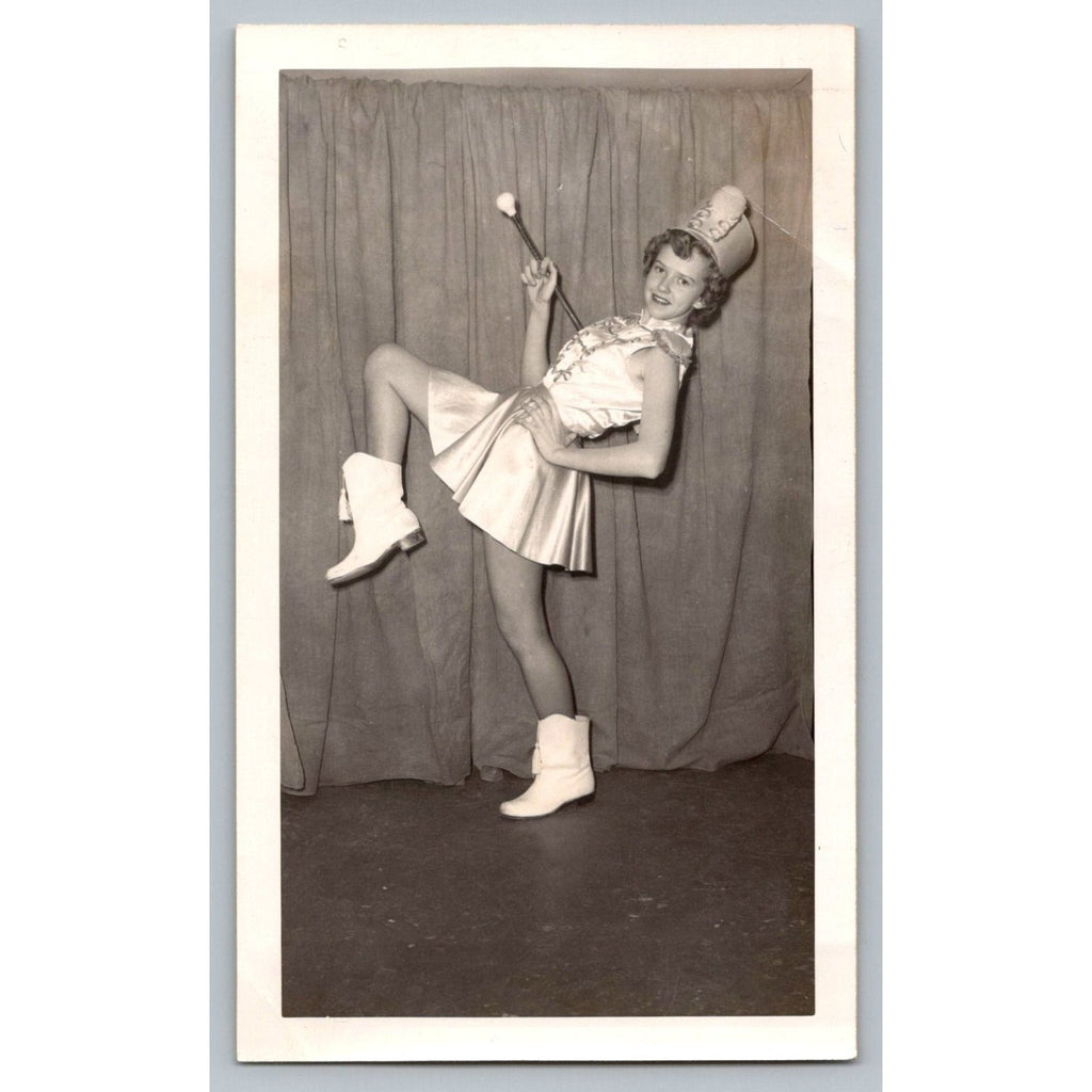 1950s Majorette Girl Snapshot Photograph Baton Uniform Studio Portrait