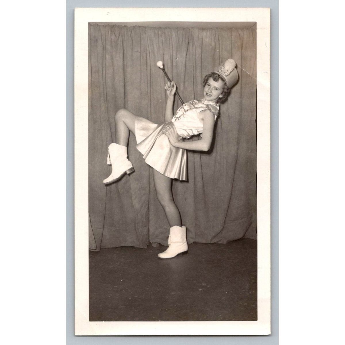 1950s Majorette Girl Snapshot Photograph Baton Uniform Studio Portrait
