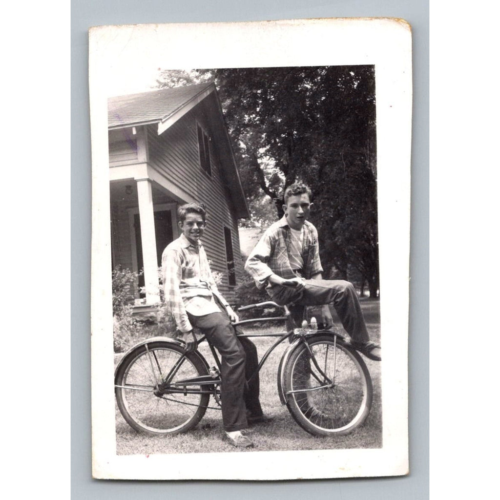 Two Young Men Bicycle 1940s 1950s Snapshot Photograph Americana Vernacular