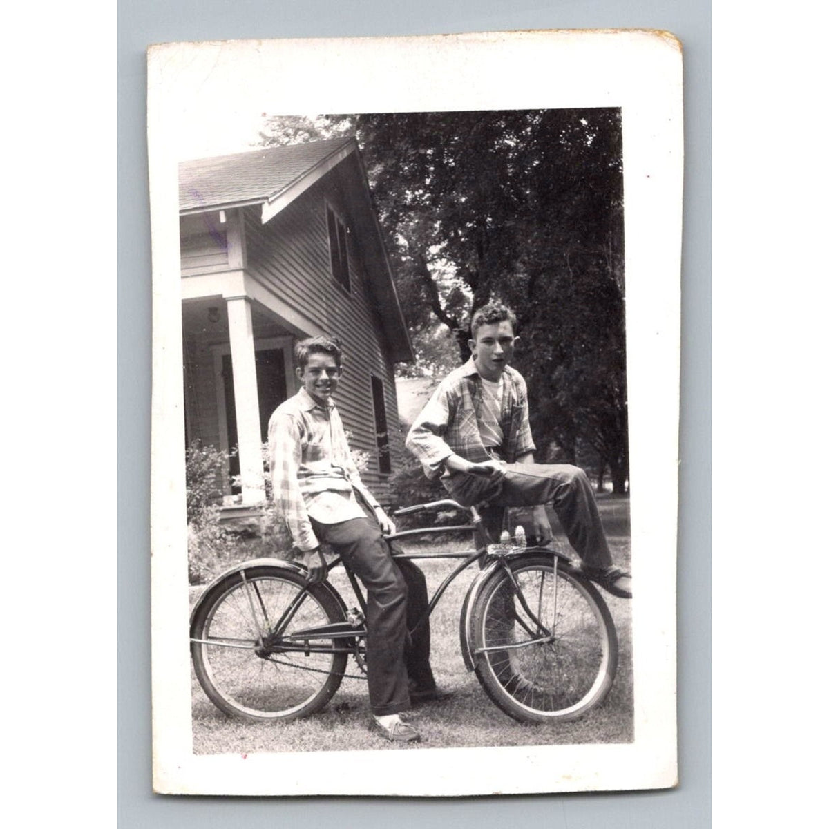 Two Young Men Bicycle 1940s 1950s Snapshot Photograph Americana Vernacular