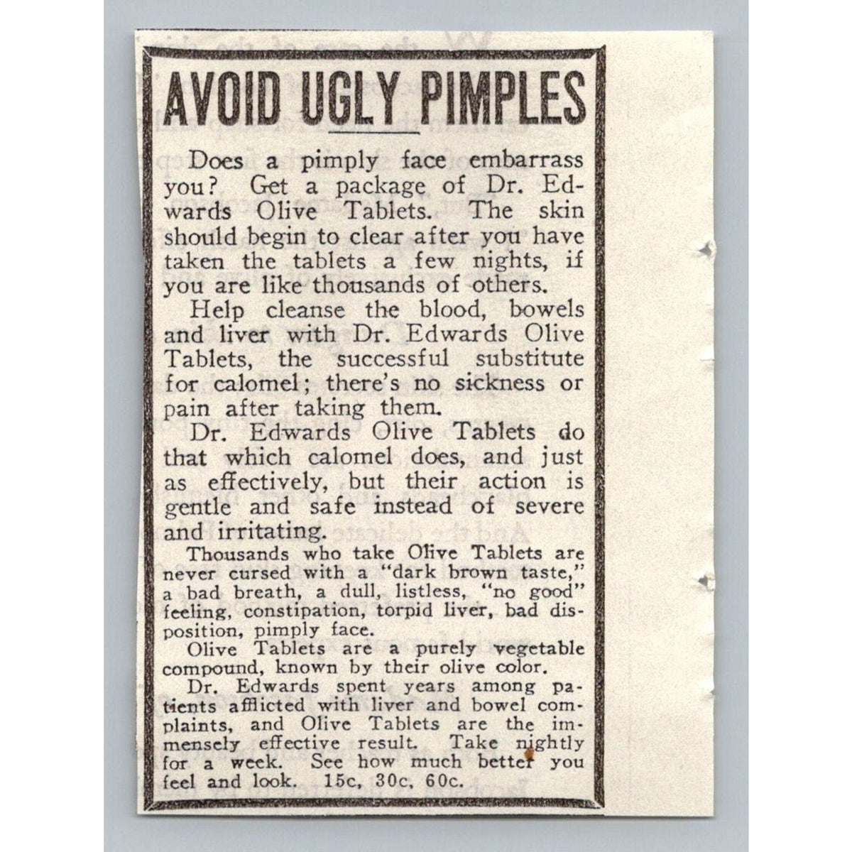 1930 Dr Edwards Olive Tablets Pimple Remedy Vintage Newspaper Ad Ephemera