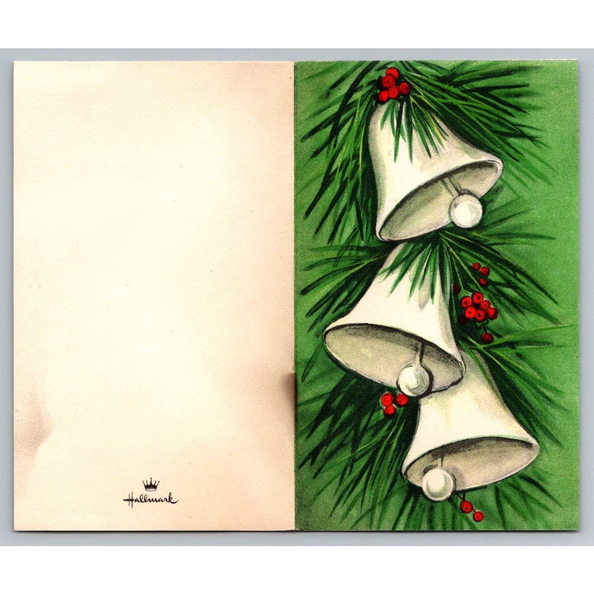 1955 White Christmas Bells Holly Berries Pine Vintage MCM Hallmark Greeting Card