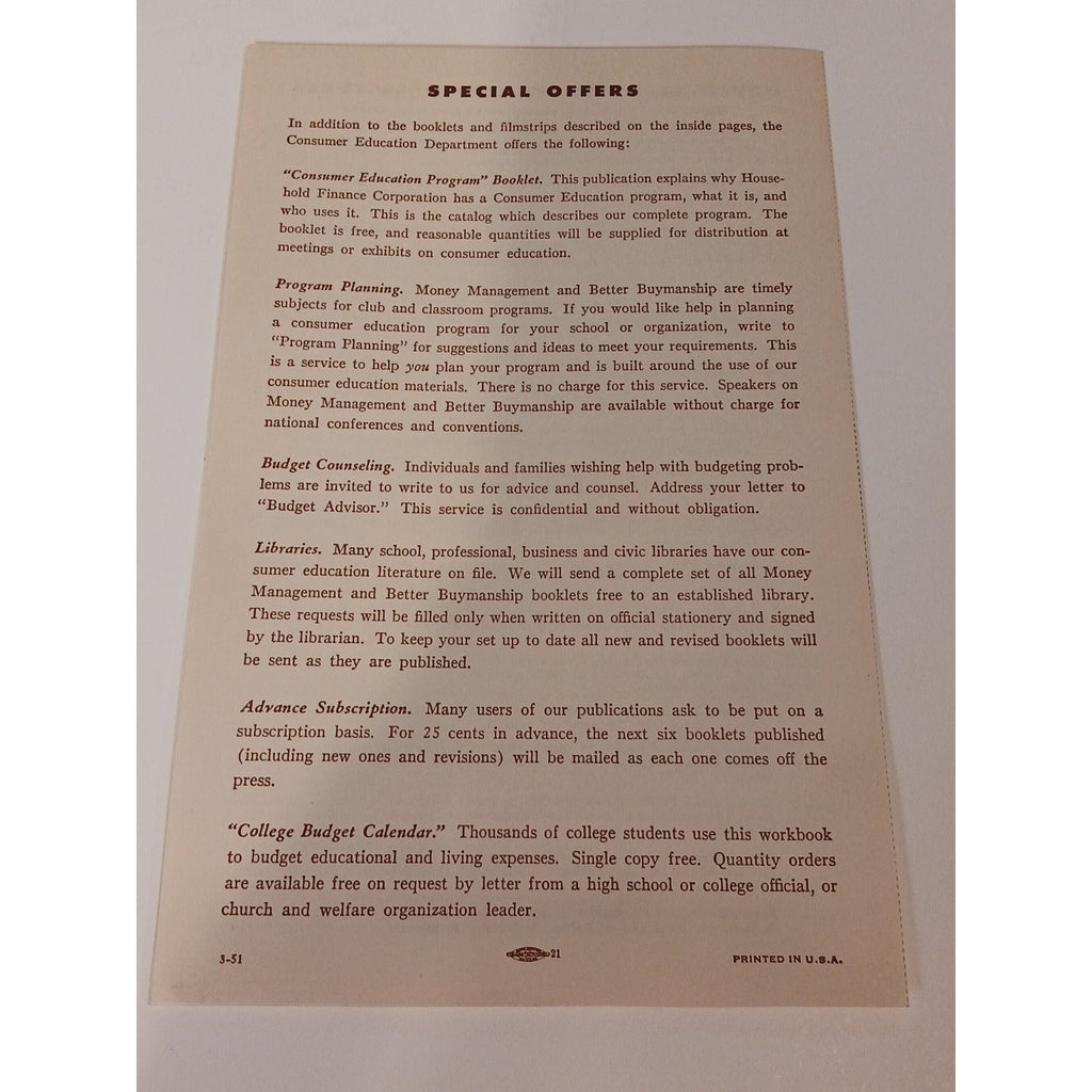 1951 Household Finance Consumer Education Material Order List Pamphlet Chicago