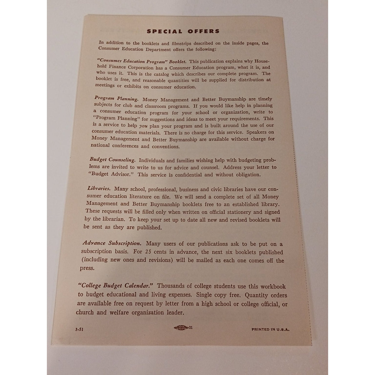 1951 Household Finance Consumer Education Material Order List Pamphlet Chicago