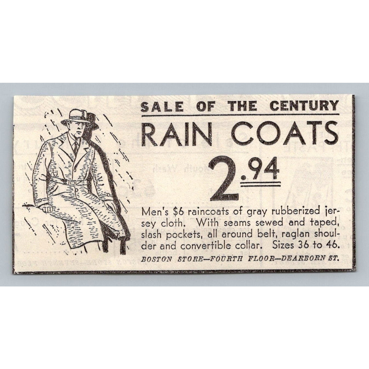 1930s Chicago Boston Store Raincoat Ad Vintage Men's Fashion Ephemera