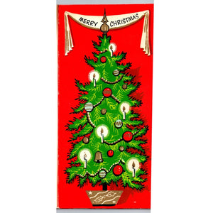 1955 Merry Christmas Tree Candles Red Green MCM Greeting Card Vintage