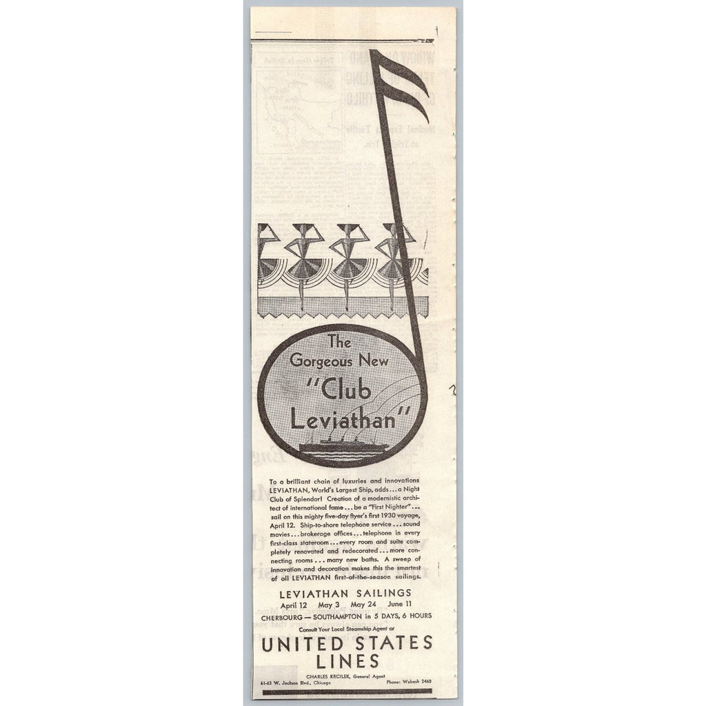 1930 SS Leviathan Club Ephemera United States Lines Ocean Liner Print Ad