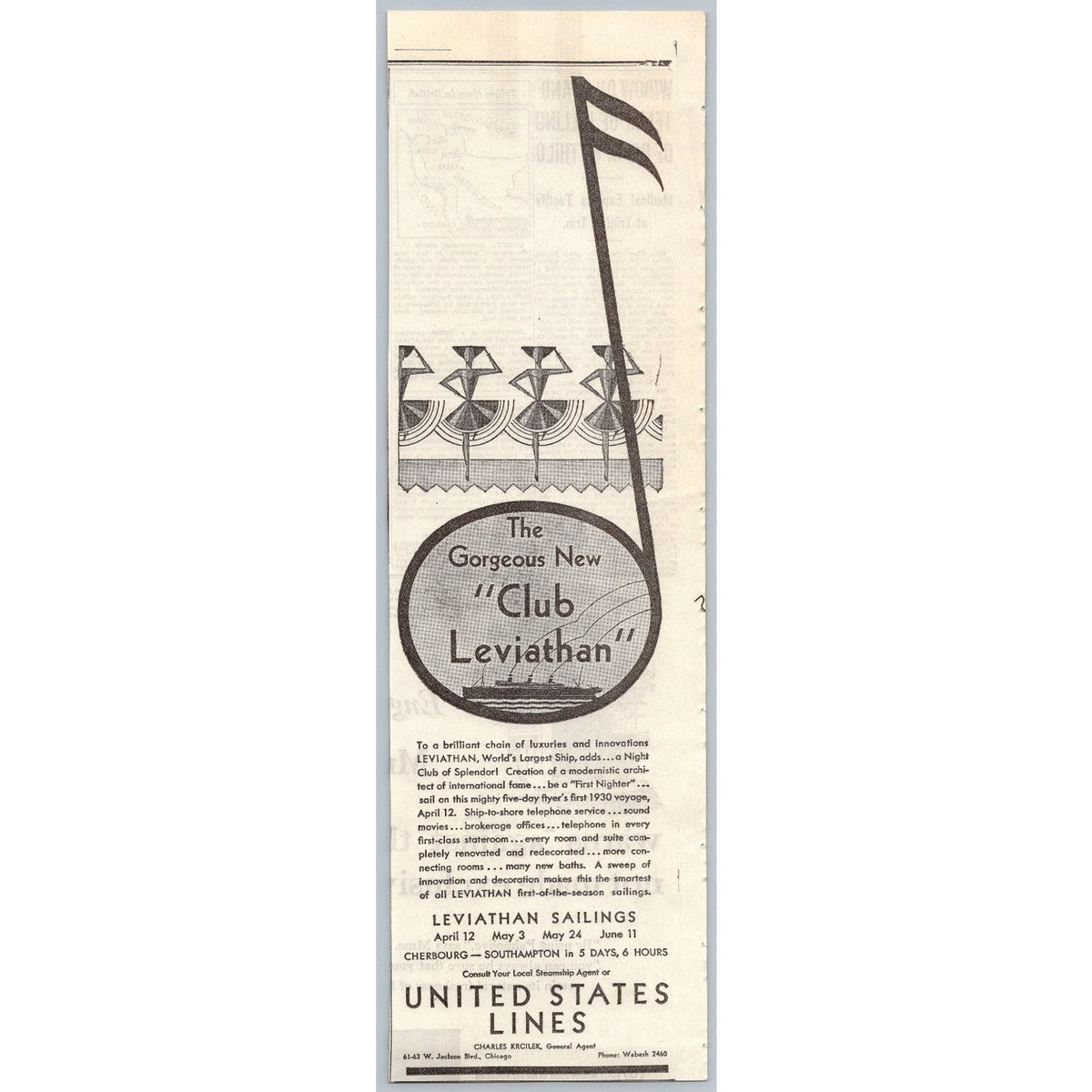 1930 SS Leviathan Club Ephemera United States Lines Ocean Liner Print Ad