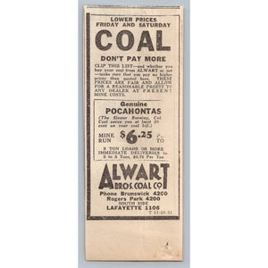1931 Chicago Coal Advertisement Alwart Bros. Pocahontas Newspaper Clipping