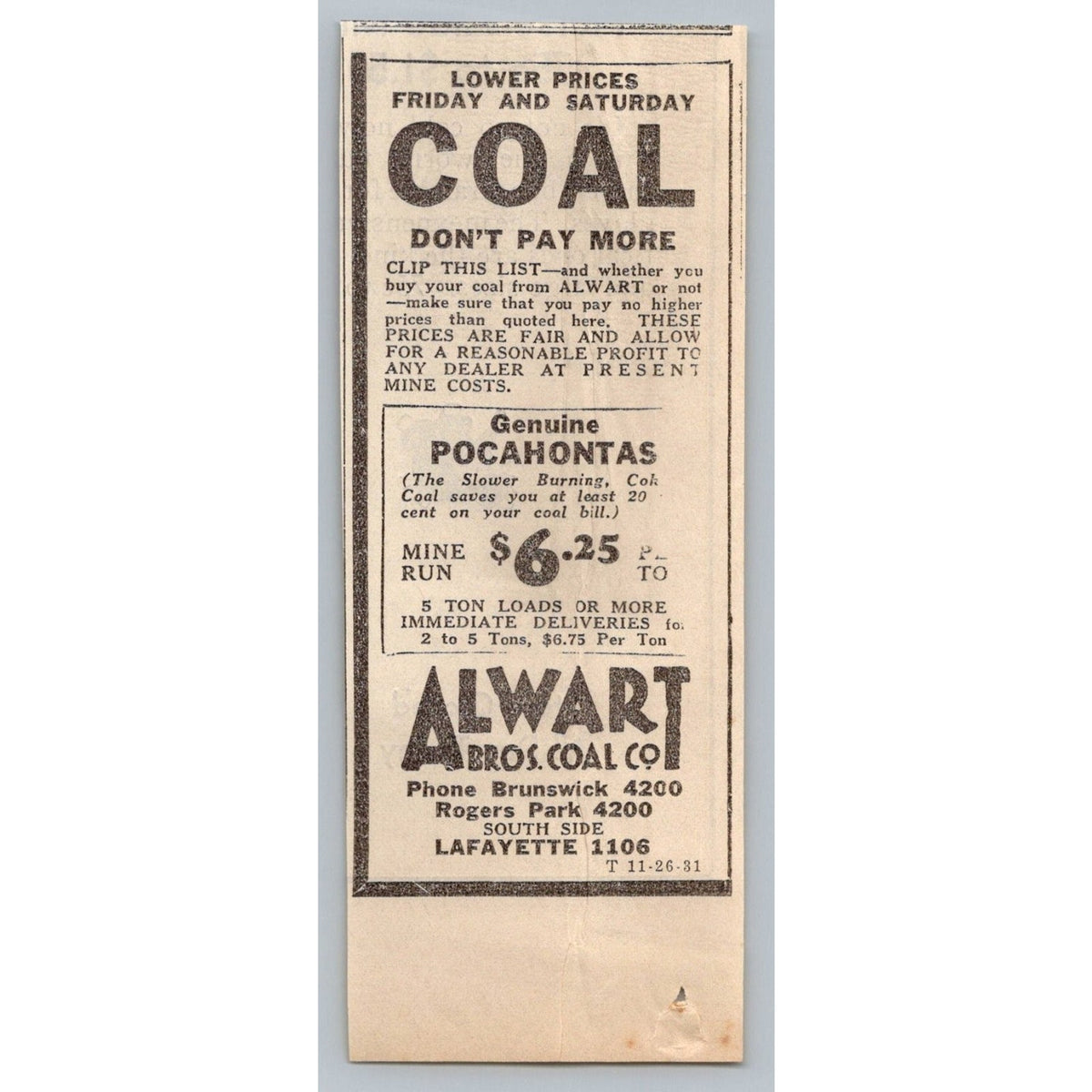 1931 Chicago Coal Advertisement Alwart Bros. Pocahontas Newspaper Clipping