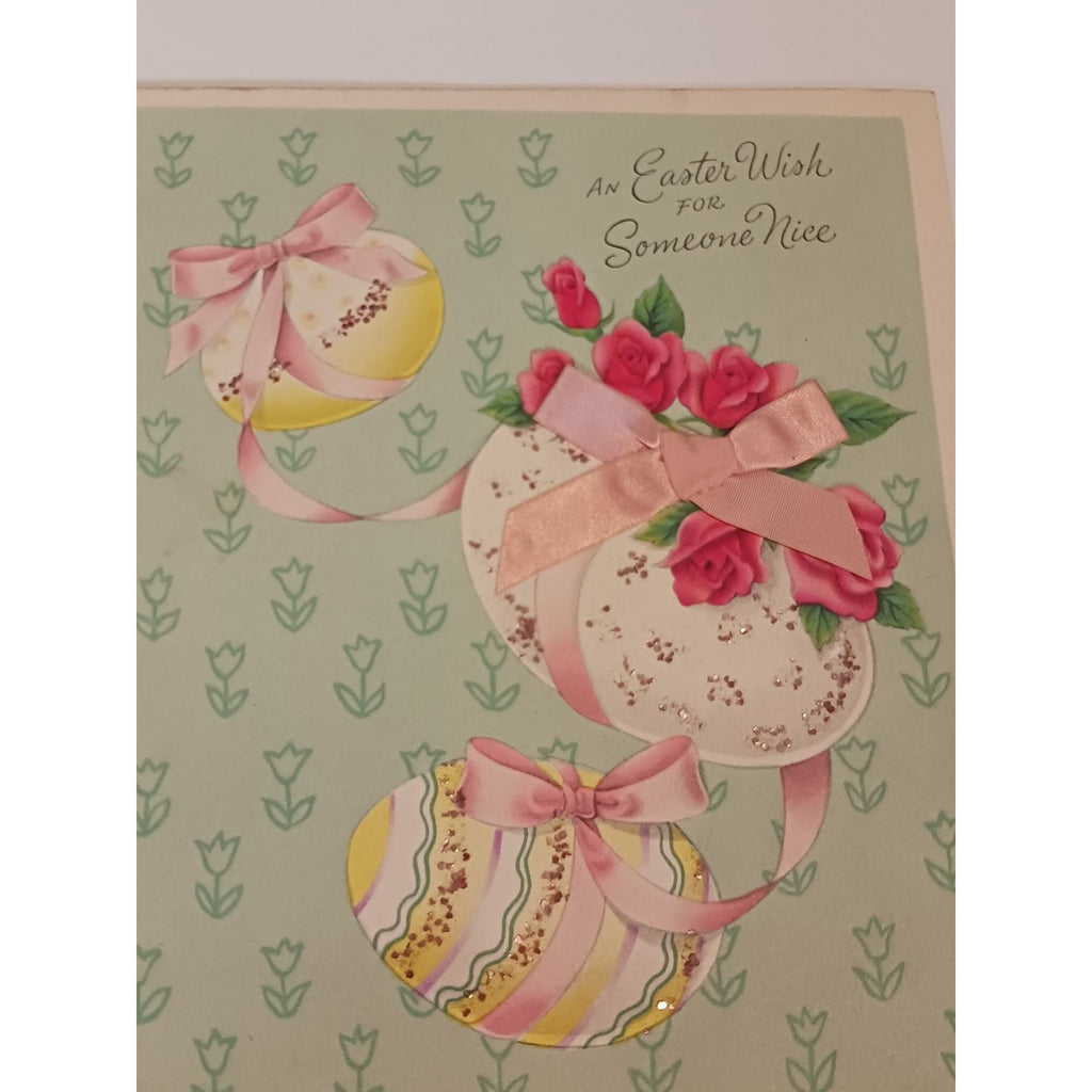 Vintage 1950s American Greetings Easter Card Glitter Pink Roses Eggs Ephemera