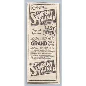 1931 The Student Prince Grand Opera House Chicago Operetta Ad