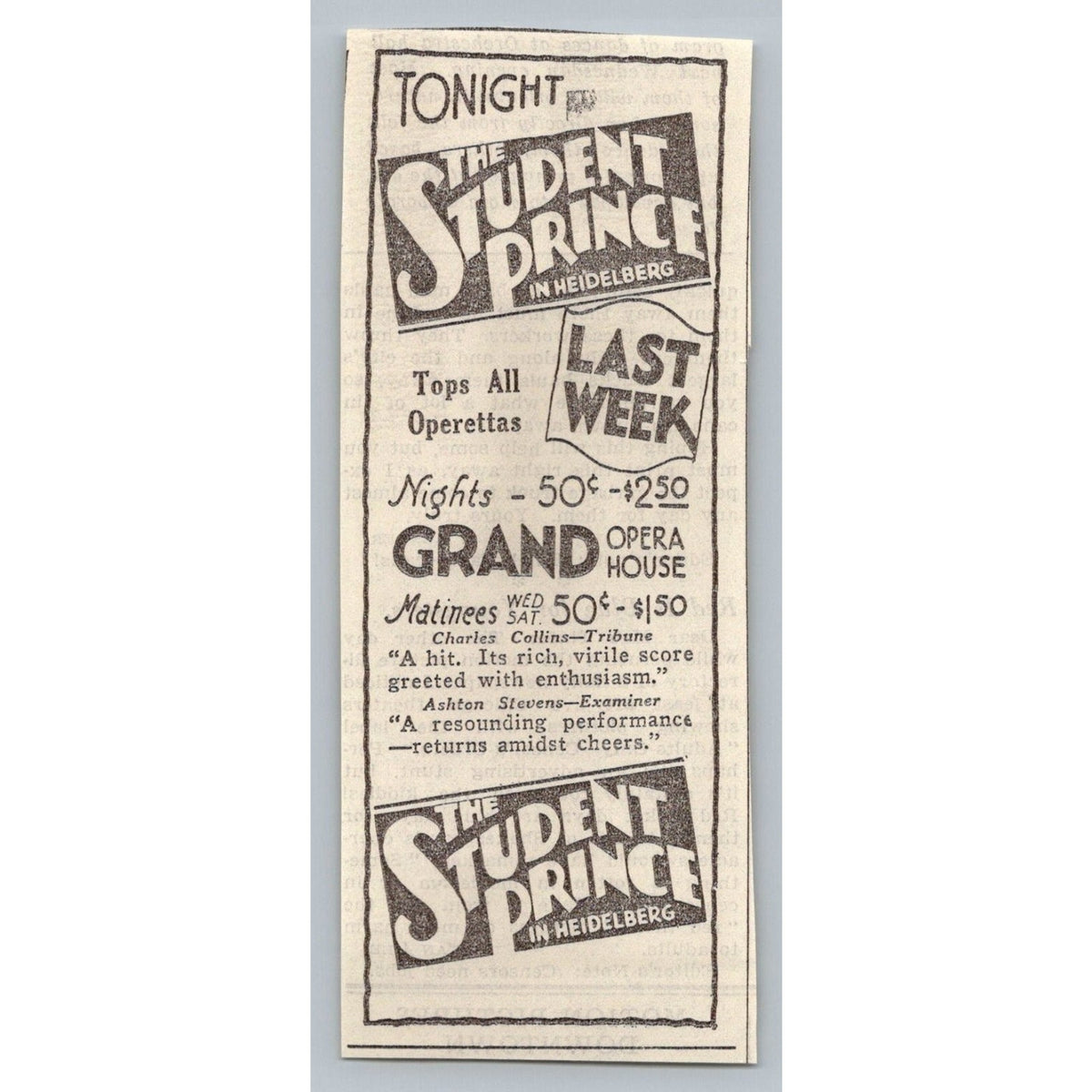 1931 The Student Prince Grand Opera House Chicago Operetta Ad