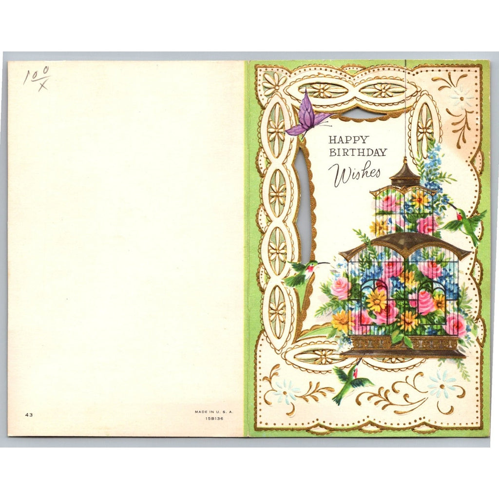 Vintage Birthday Greeting Card Die Cut Floral Birdcage Hummingbird Made in USA