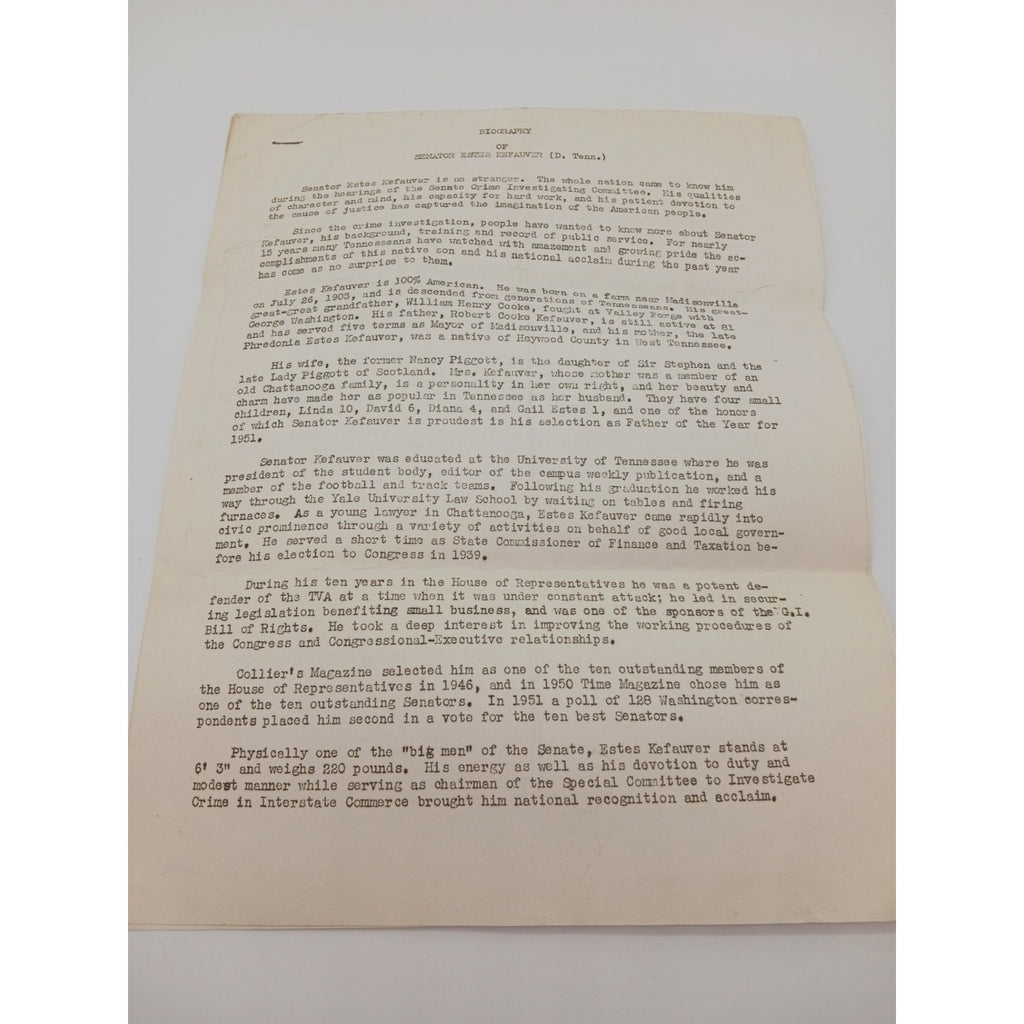 2 Page Biography of Senator Estes Kefauver Tennessee Democrat From Family Estate