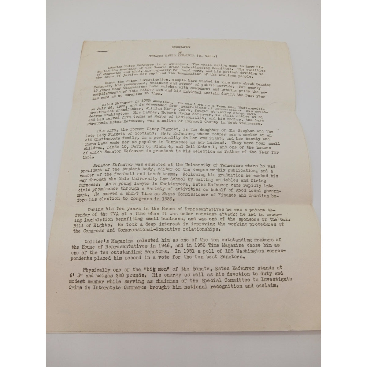 2 Page Biography of Senator Estes Kefauver Tennessee Democrat From Family Estate