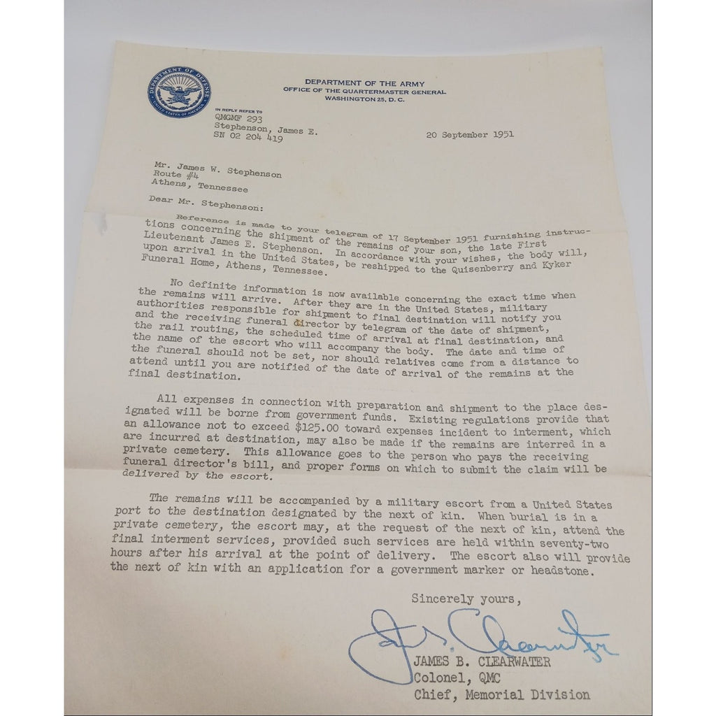 Korean War US Army Letters Document Lot KIA Remains Home 1st Lt James Stephenson
