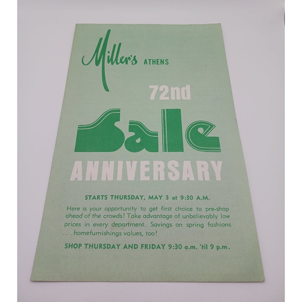 Vintage Miller's Athens Department Store 72nd Anniversary Sale Flyer 1960s Tn
