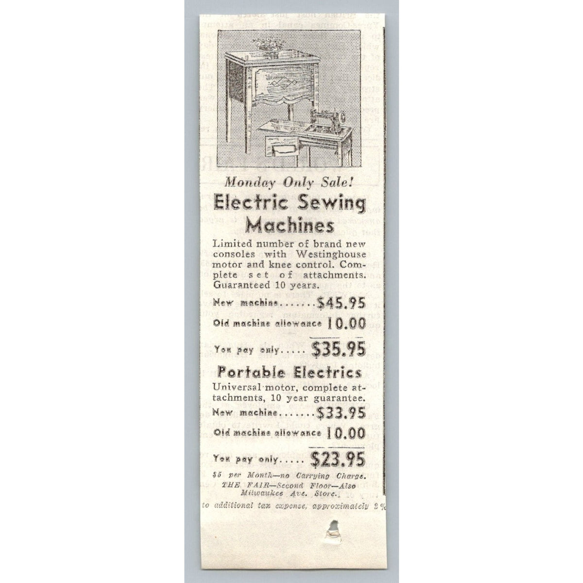 1933 The Fair Milwaukee Electric Sewing Machine Advertisement Print Ad Ephemera