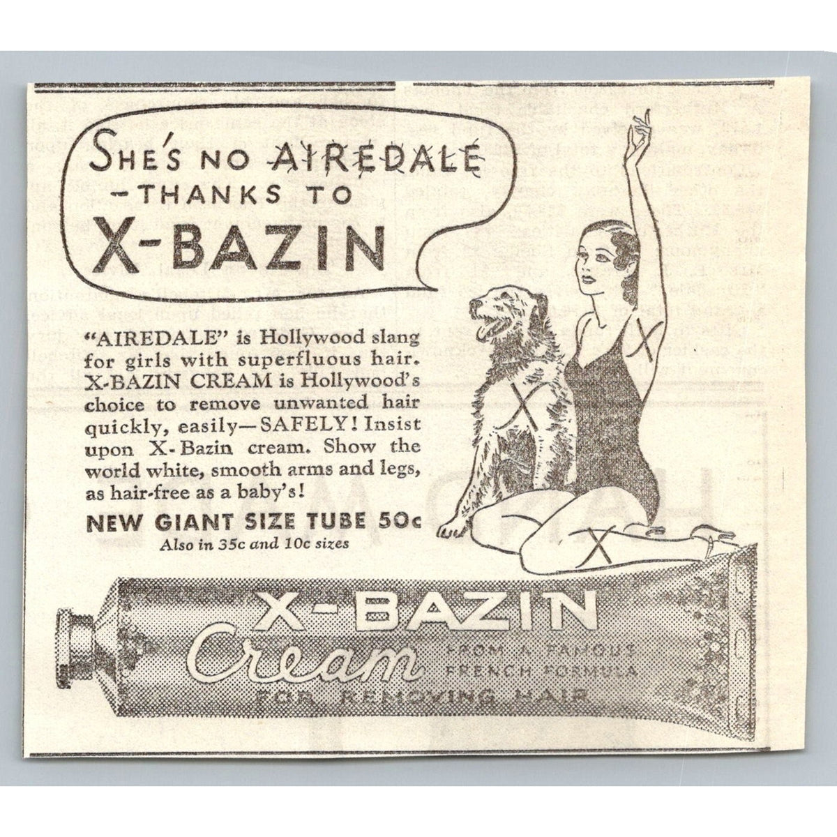 1933 X bazin Hair Removal Cream Print Ad Hollywood Slang Airedale Girl W/ Dog