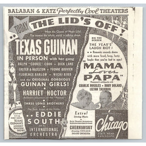 1933 Balaban & Katz Chicago Theater Texas Guinan Mama Loves Papa Eddie South Ad