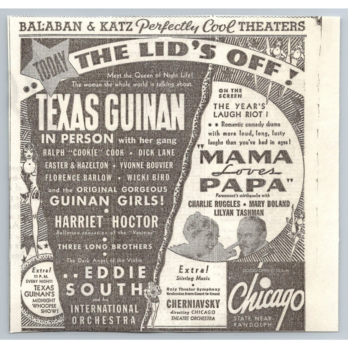 1933 Balaban & Katz Chicago Theater Texas Guinan Mama Loves Papa Eddie South Ad