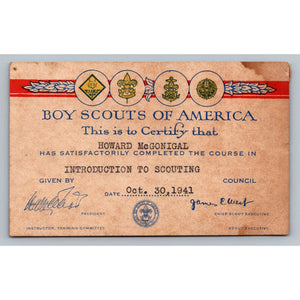 1941 Boy Scouts of America Introduction To Scouting Award Member Card Vintage