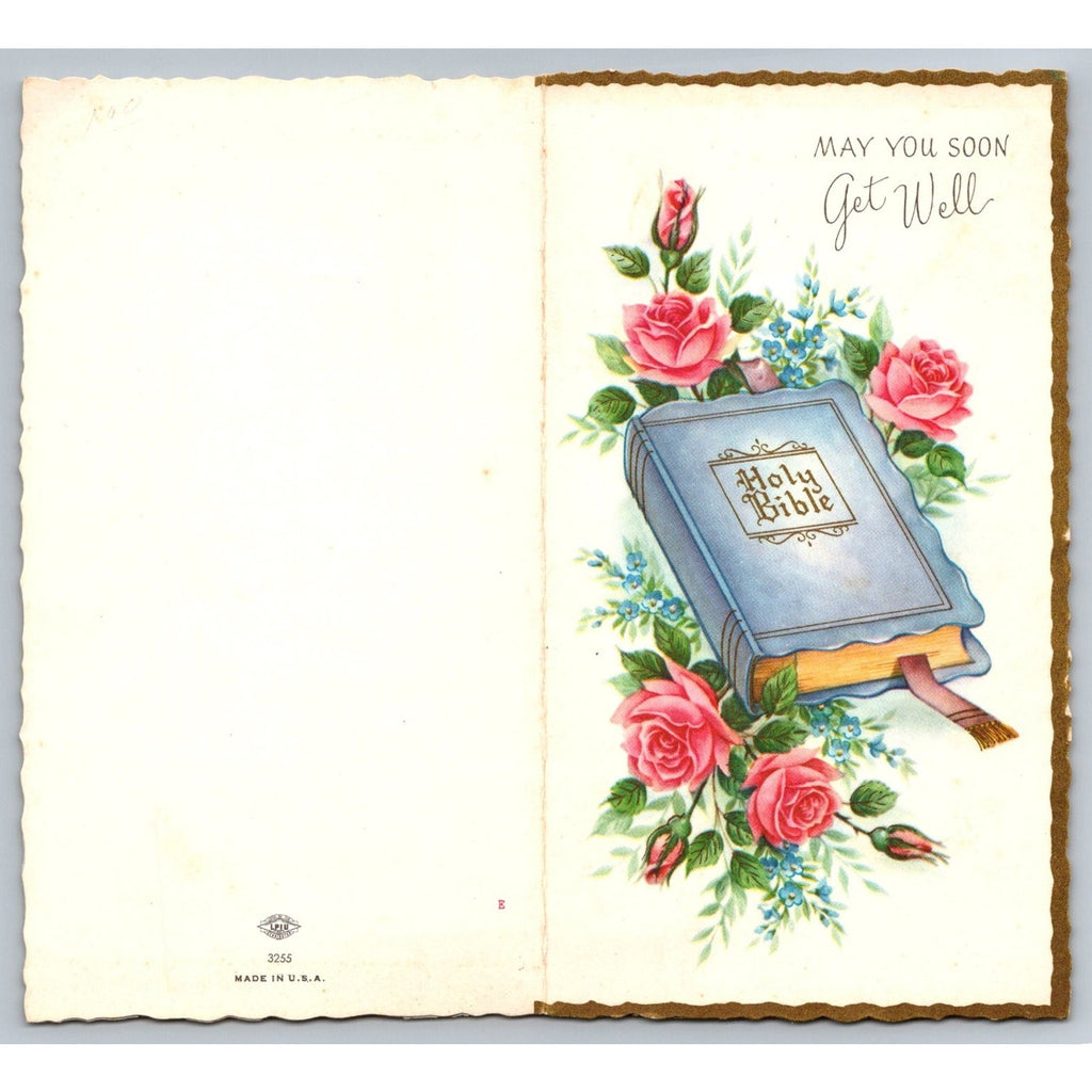 Vintage Get Well Soon Greeting Card Religious Holy Bible Floral Made in USA