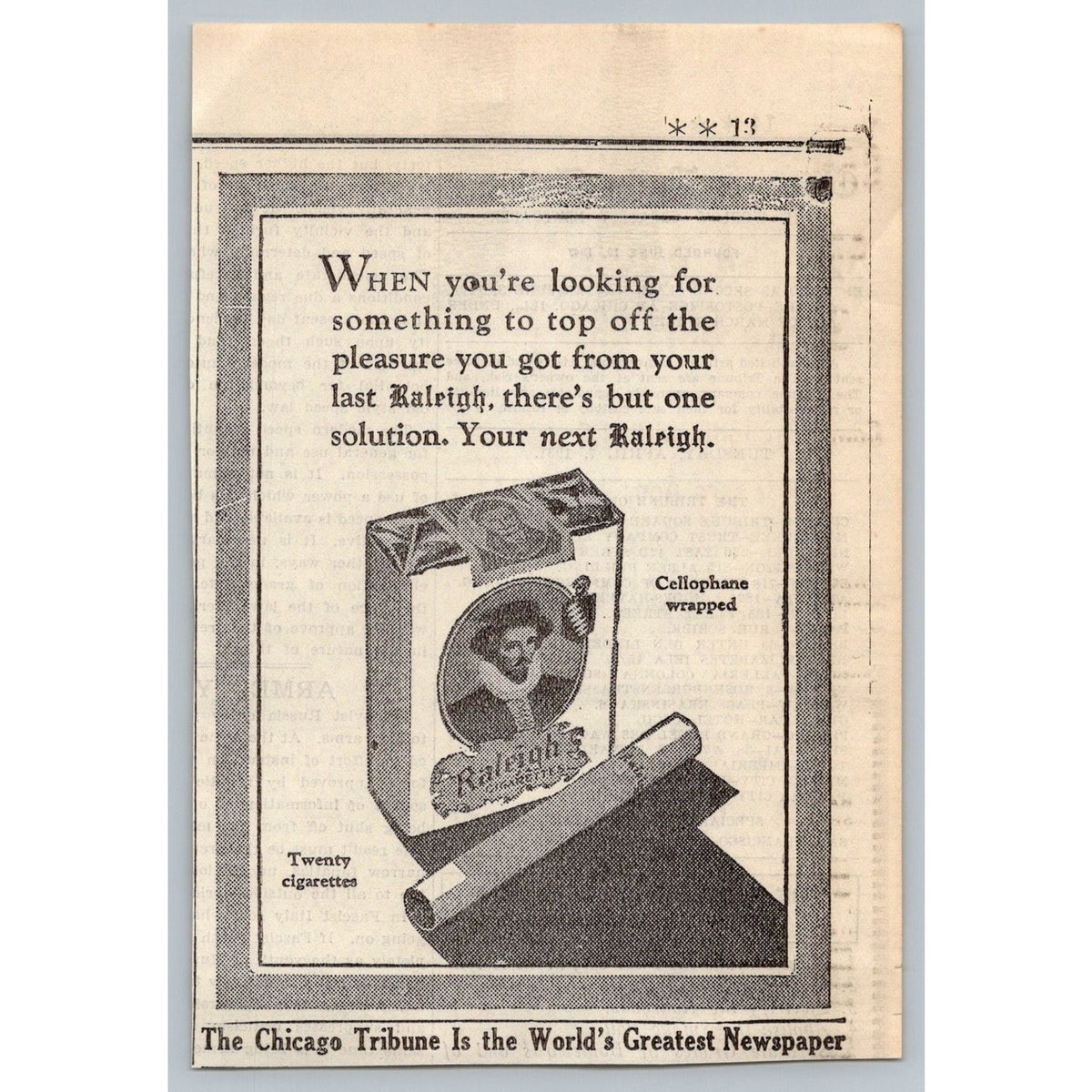 1930s Raleigh Cigarettes Chicago Tribune Newspaper Ad Tobacco Ephemera