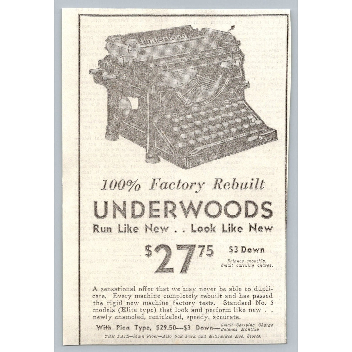 1933 Underwood Typewriter Advertisement Vintage Print Ad The Fair Chicago Rates