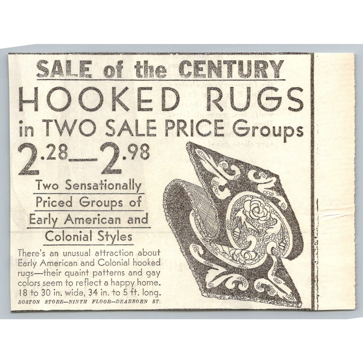 1931 Boston Store Hooked Rugs Sale Ad Early American Colonial Decor Ephemera