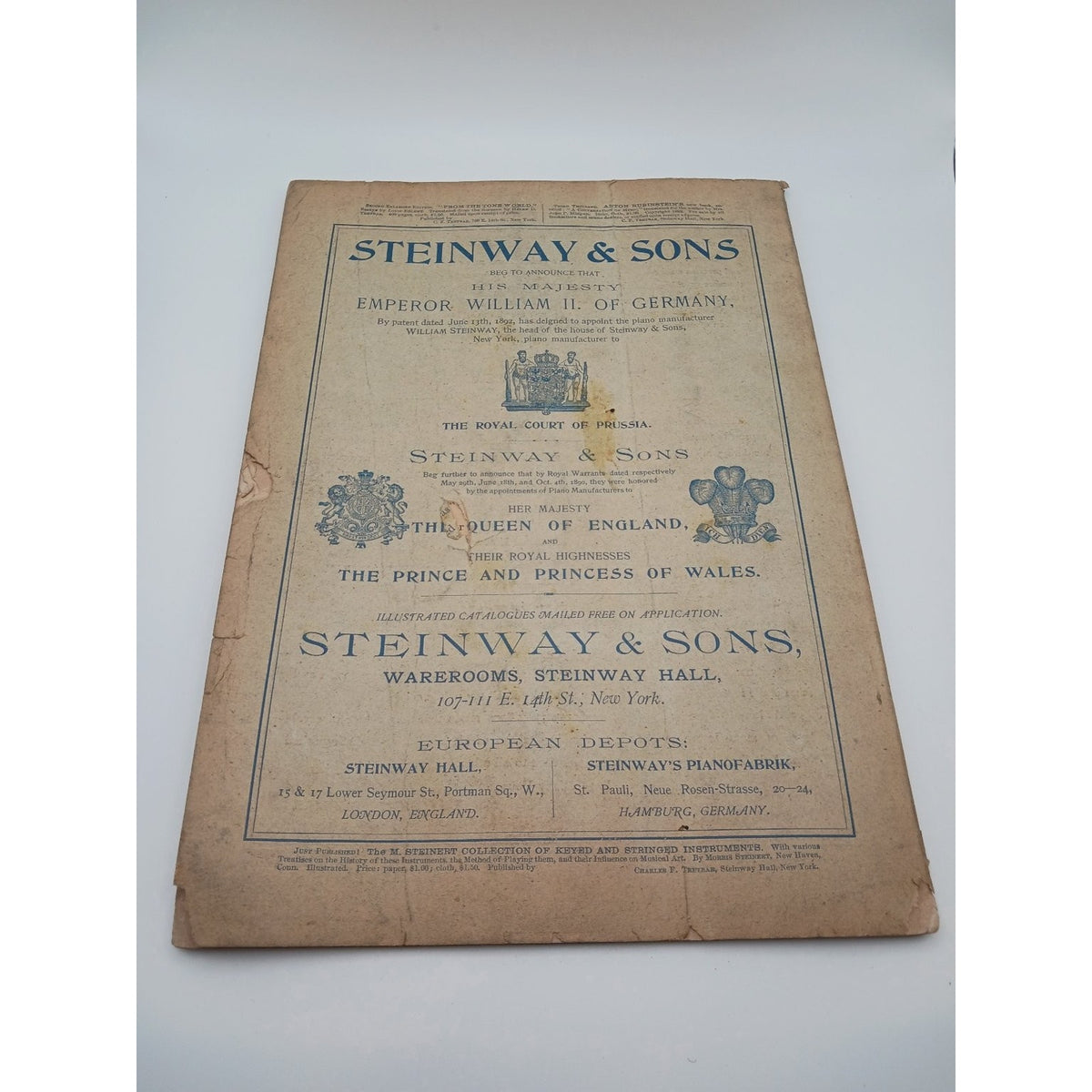 c1900 Faust Opera Playbill Charles Gounod English Opera Steinway Hall Antique