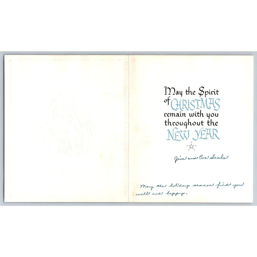 1955 Blue Christmas Nativity Mary Joseph Jesus Sheep Lamb Deer Crest Card