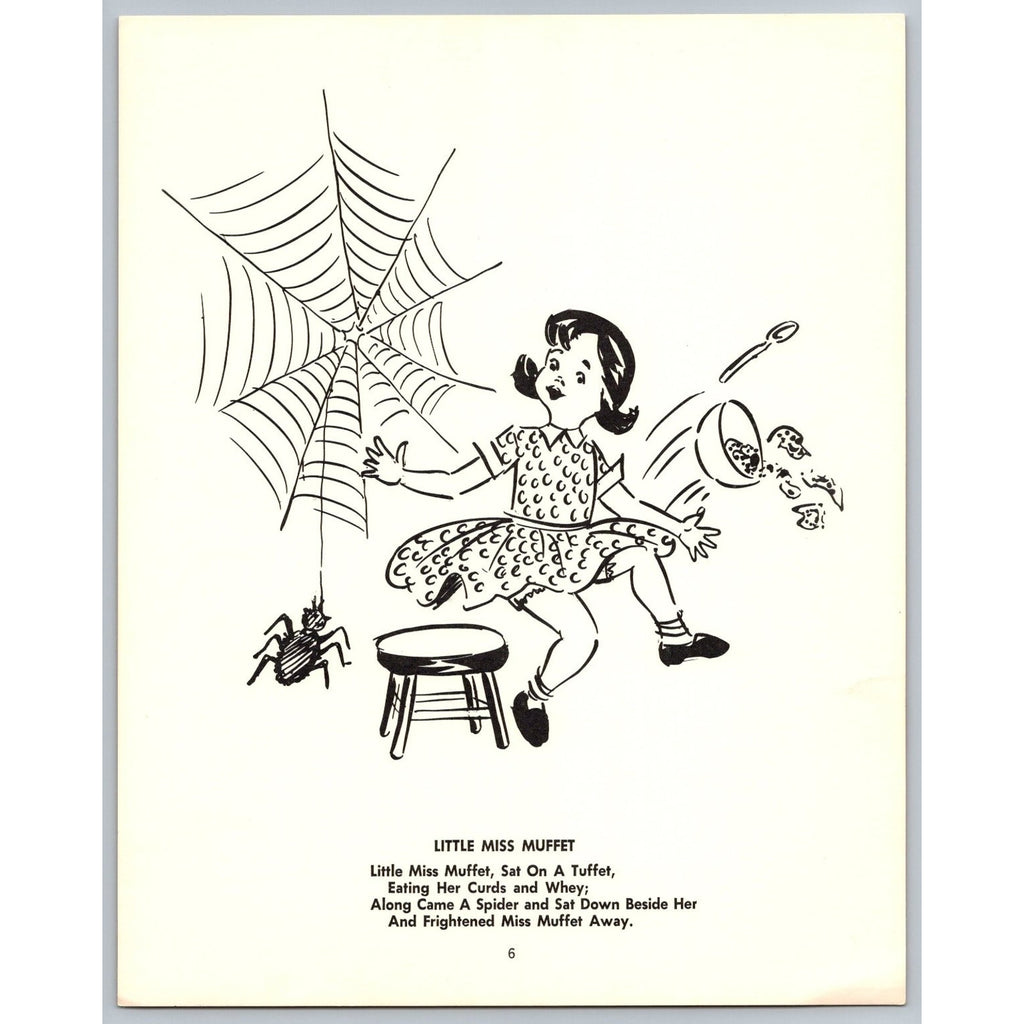 Vintage Little Miss Muffet Nursery Rhyme Book Plate Print B&W Childrens Art MCM