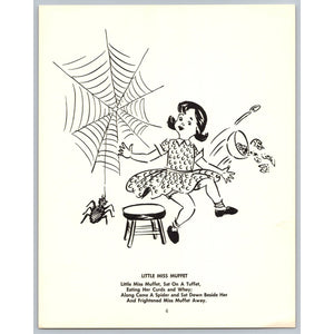 Vintage Little Miss Muffet Nursery Rhyme Book Plate Print B&W Childrens Art MCM