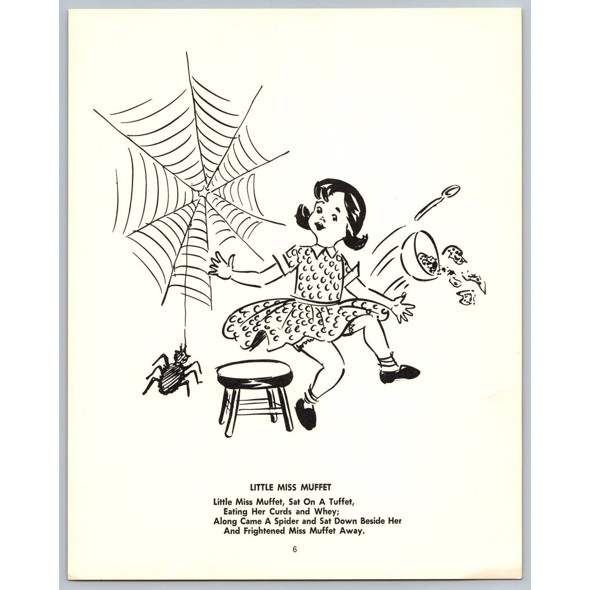 Vintage Little Miss Muffet Nursery Rhyme Book Plate Print B&W Childrens Art MCM