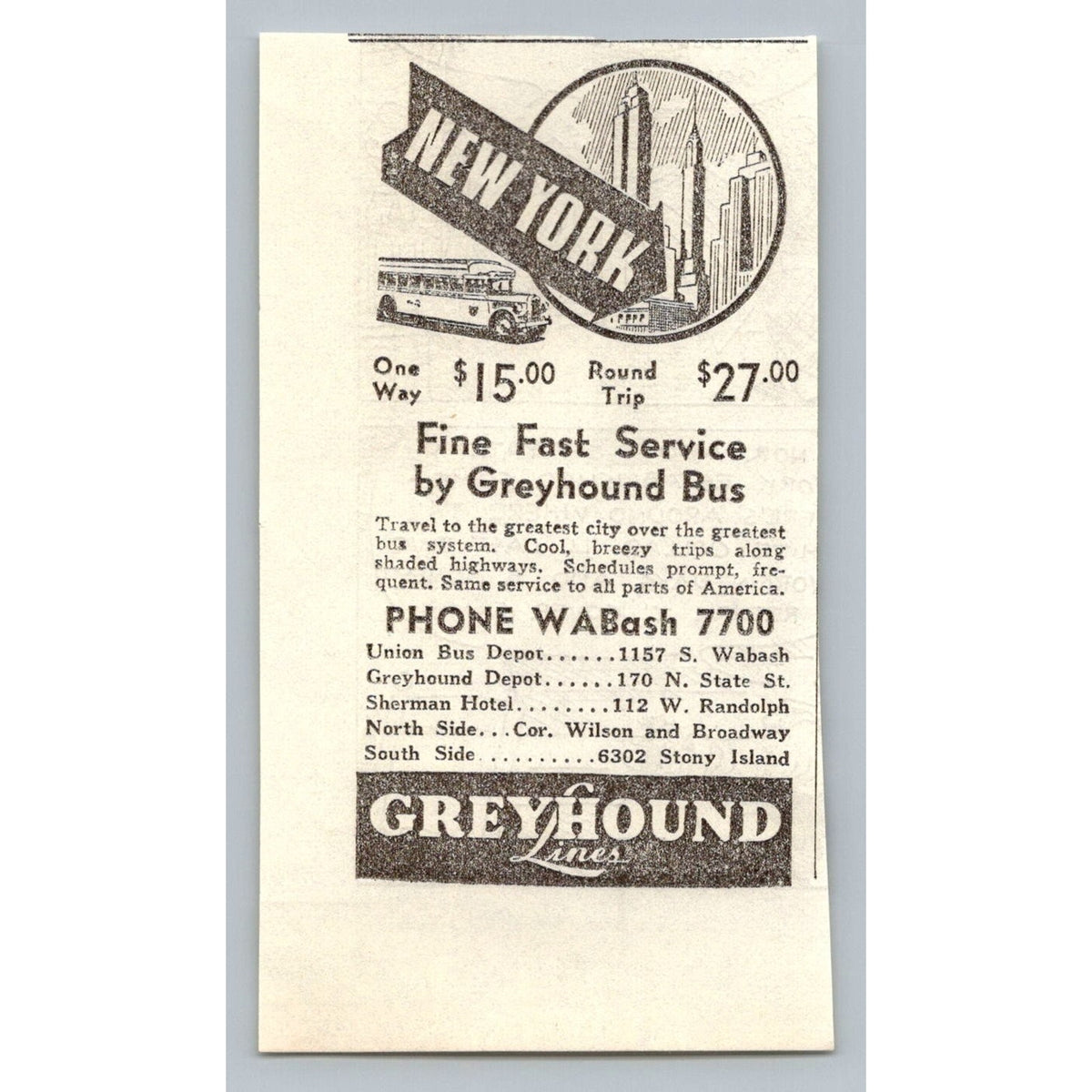1933 Greyhound Bus New York Chicago Travel Print Ad Vintage Ephemera