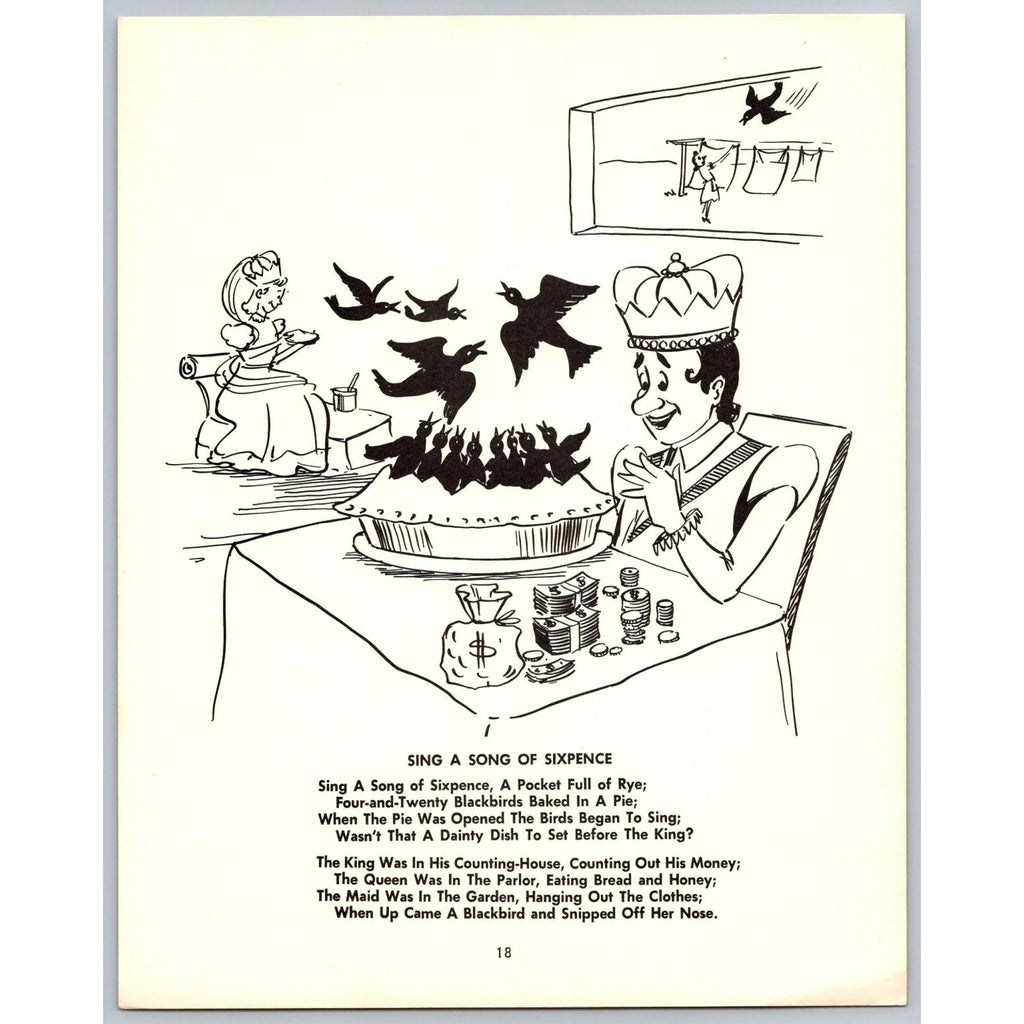 Sing A Song Of Sixpence Nursery Rhyme Art Print Vintage Black & White MCM