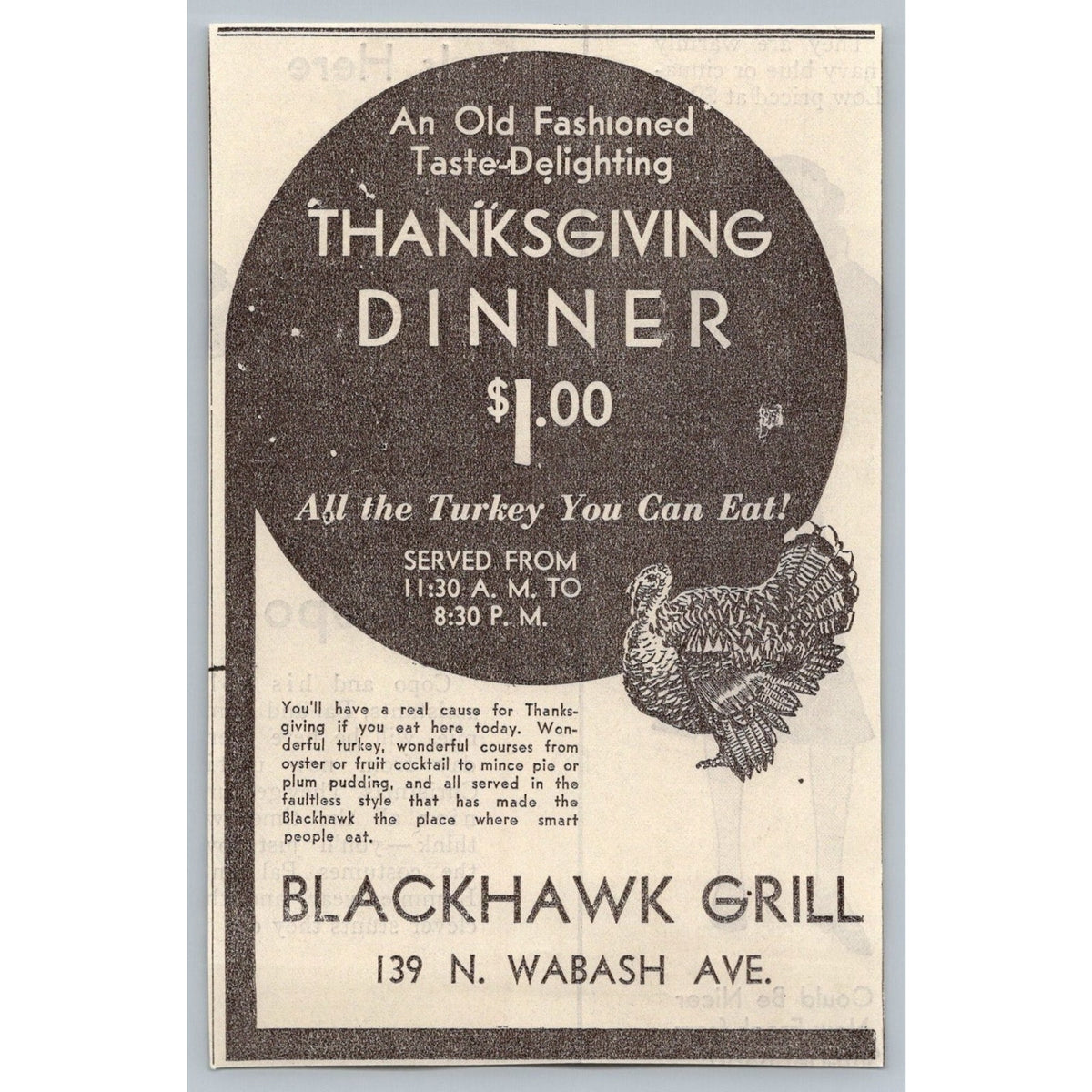 1931 Blackhawk Grill Chicago Turkey Thanksgiving Dinner Ad Ephemera Wabash Ave