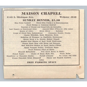 1931 Maison Chapell Chicago Sunday Dinner Menu Print Ad 1930s Vintage Ephemera