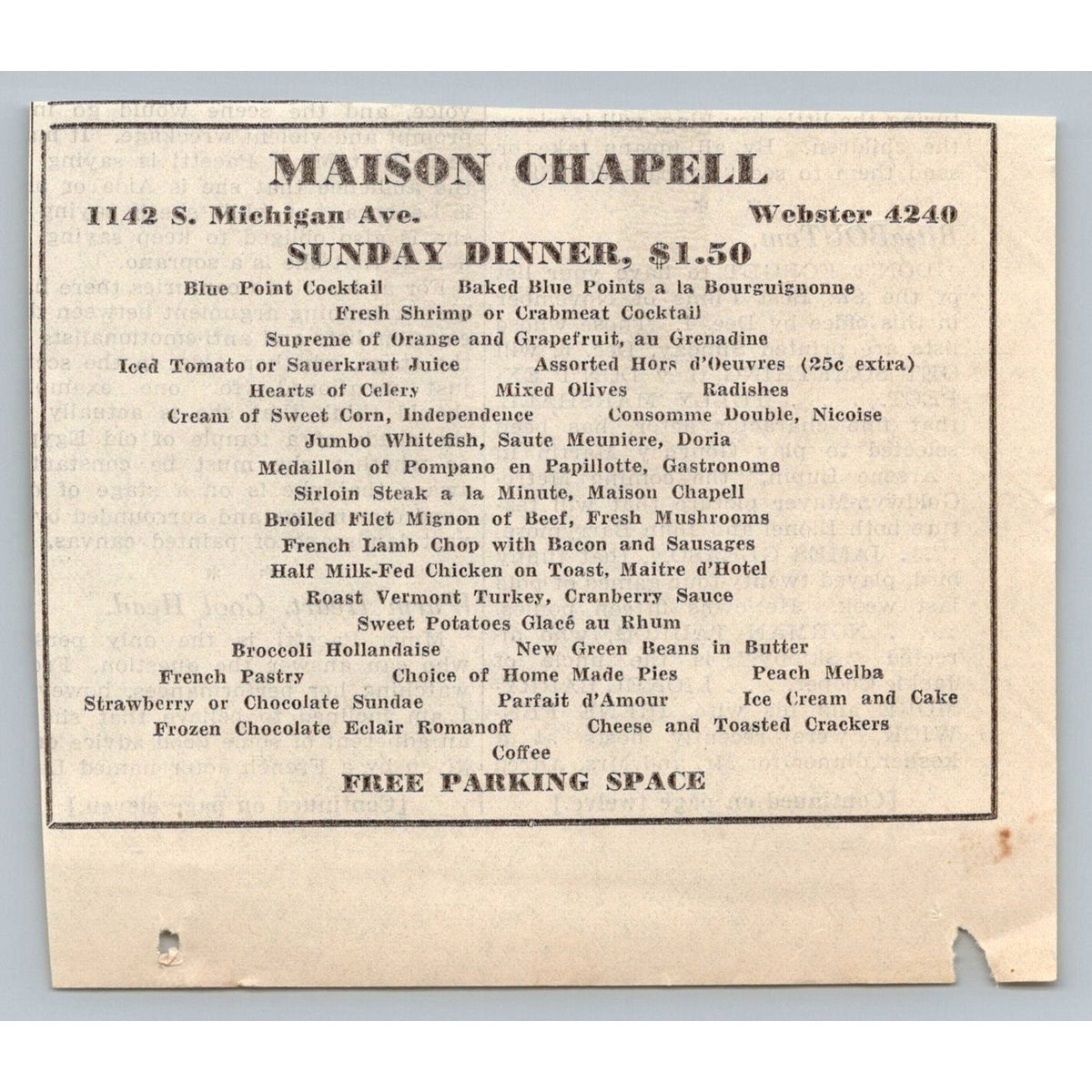 1931 Maison Chapell Chicago Sunday Dinner Menu Print Ad 1930s Vintage Ephemera