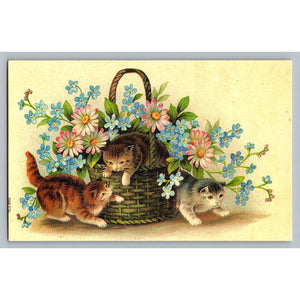 Charming Kittens & Flower Basket Art Postcard Reproduction MCMXCIV