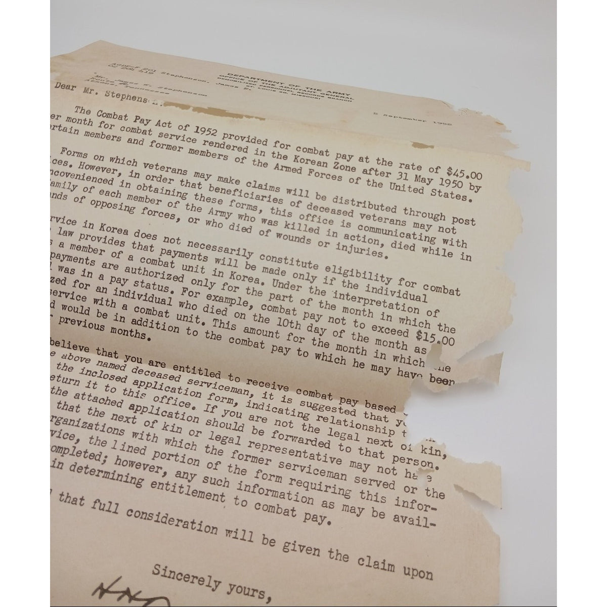 Korean War US Army Letters Document Lot KIA Remains Home 1st Lt James Stephenson