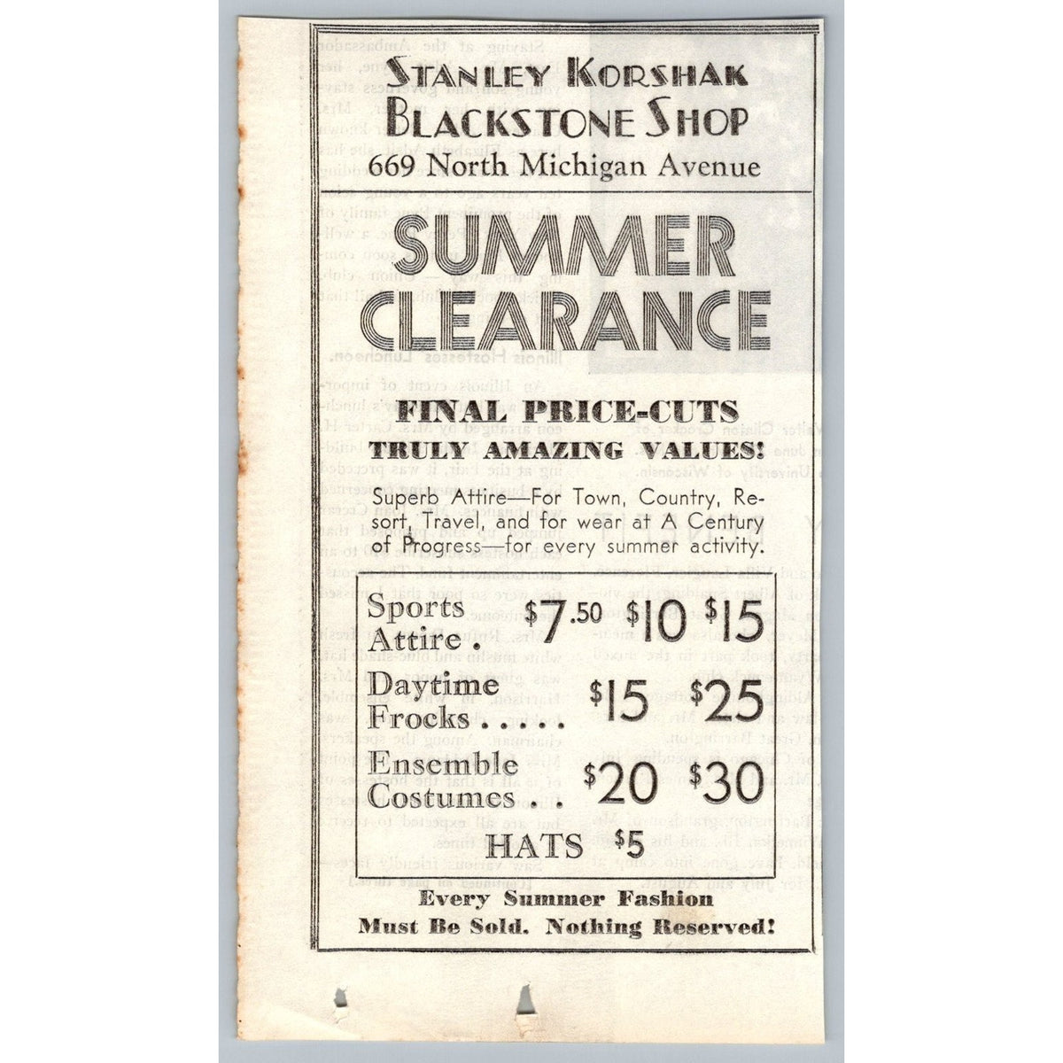 1933 Stanley Korshak Blackstone Shop Print Ad Chicago Century of Progress Price