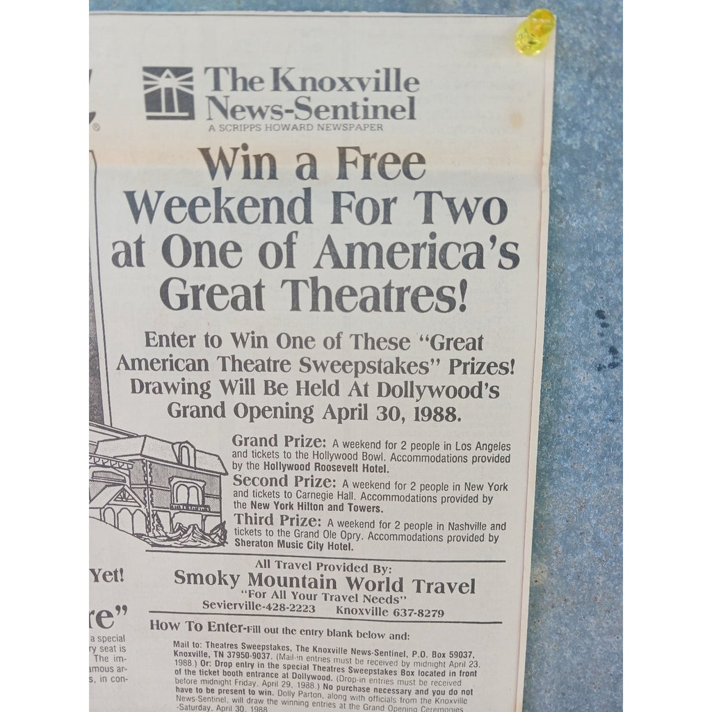1988 Dollywood Dolly Parton Celebrity Theatre Grand Opening Sweepstakes Print Ad