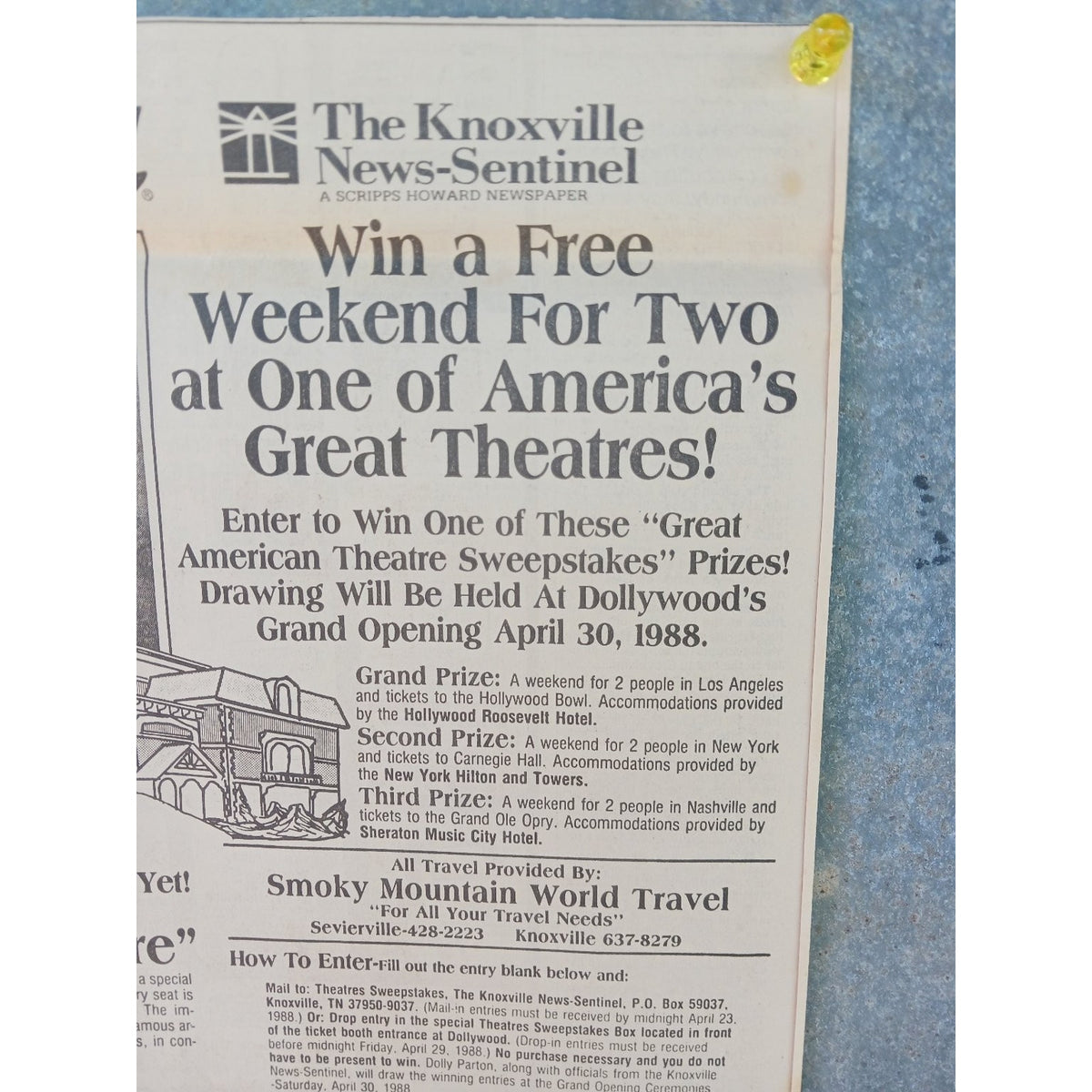 1988 Dollywood Dolly Parton Celebrity Theatre Grand Opening Sweepstakes Print Ad