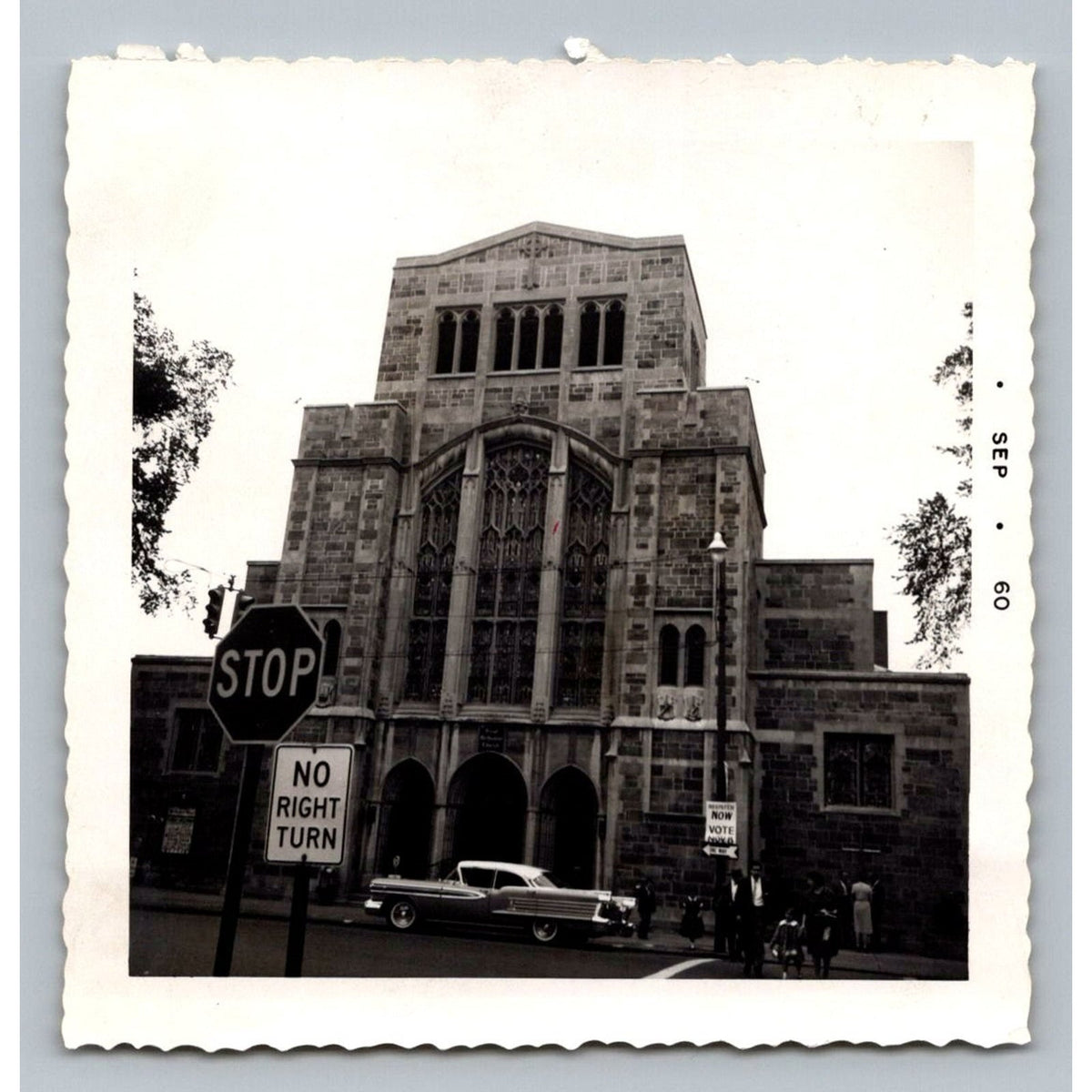 Architectural Building Church Classic Car 1960 Snapshot Photo Urban Street Scene