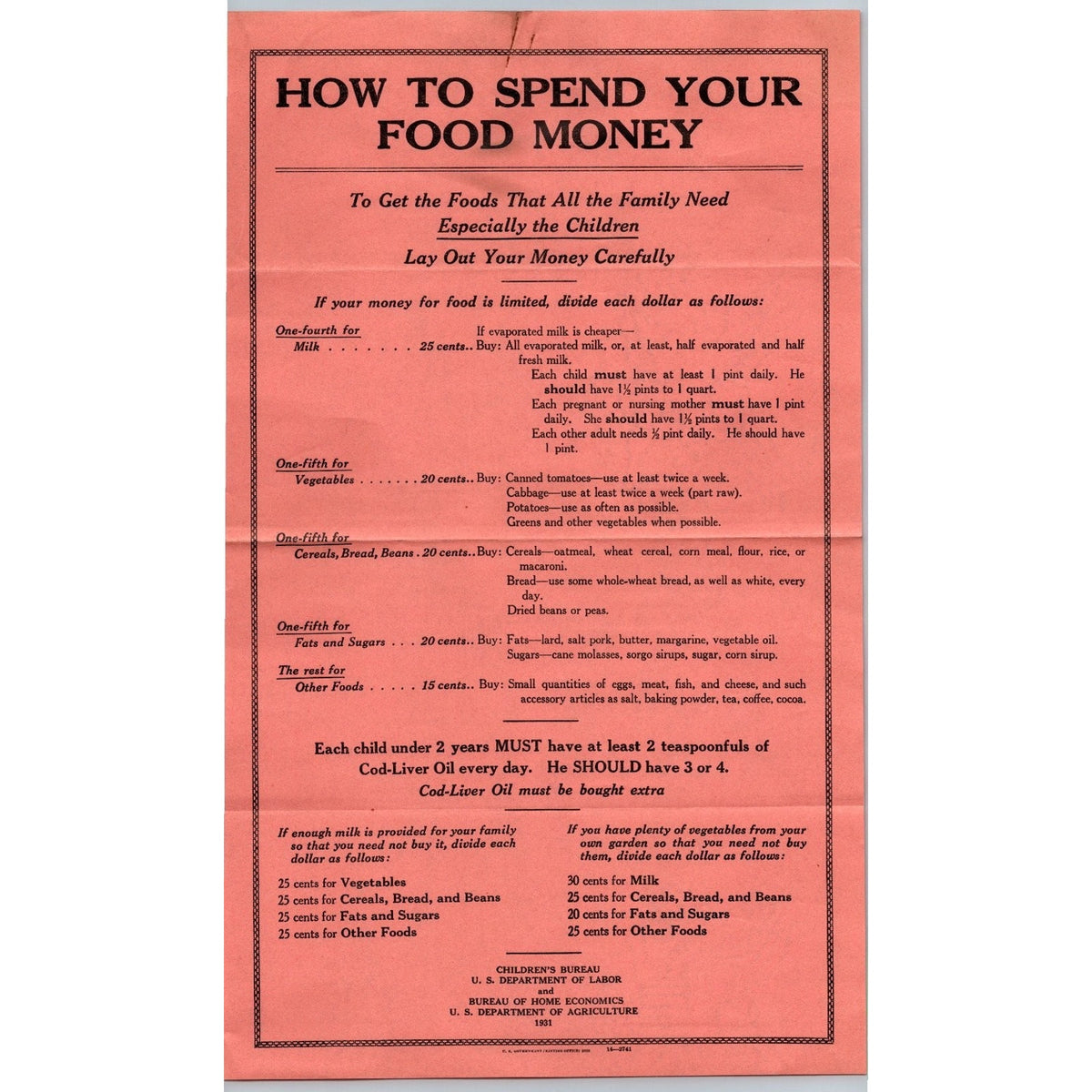 1931 US Government Food Money Guide Flyer Cod Liver Oil Ephemera Prices Poster