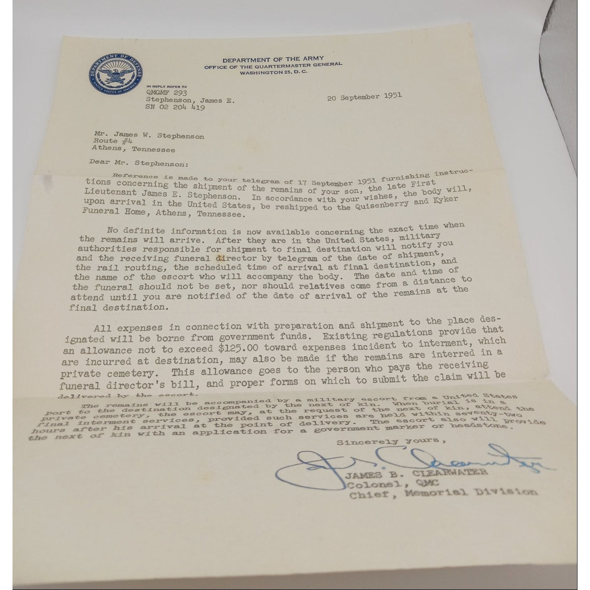 Korean War US Army Letters Document Lot KIA Remains Home 1st Lt James Stephenson